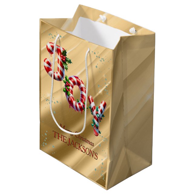 Peppermint Stripe Freude Weihnachten Mittlere Geschenktüte (Vorderseite Schrägansicht)