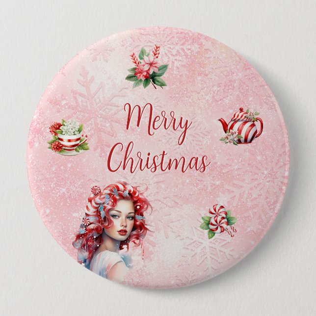 Peppermint Weihnachtsgebäck Party Rosa Schneeflock Button (Vorderseite)