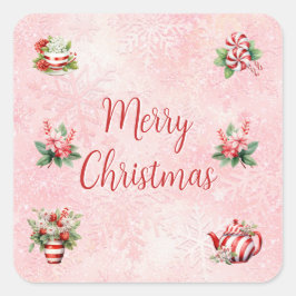 Peppermint Weihnachtsgebäck Party Rosa Schneeflock Quadratischer Aufkleber