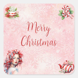Peppermint Weihnachtsgebäck Party Rosa Schneeflock Quadratischer Aufkleber