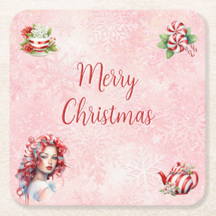 Peppermint Weihnachtsgebäck Party Rosa Schneeflock Rechteckiger Pappuntersetzer