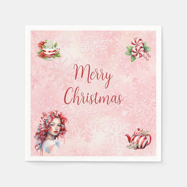 Peppermint Weihnachtsgebäck Party Rosa Schneeflock Serviette (Vorderseite)