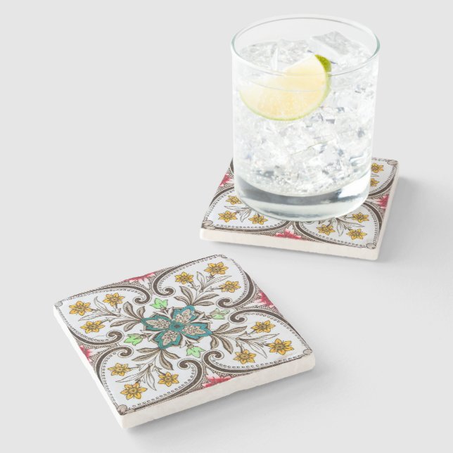 Peranakan-Blumenmuster Steinuntersetzer (Seitenansicht)
