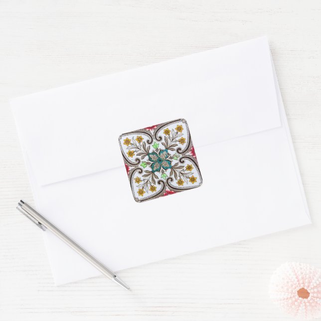 Peranakan Floral Tiles Quadratischer Aufkleber (Umschlag)