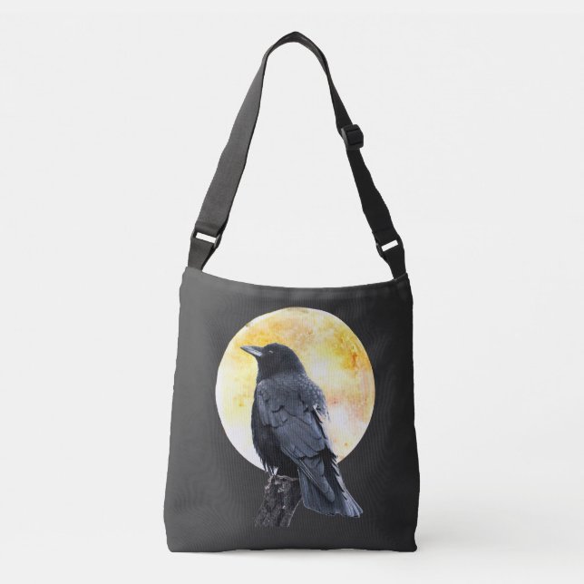 Perched Crow und Full Moon Tragetaschen Mit Langen Trägern (Vorderseite)