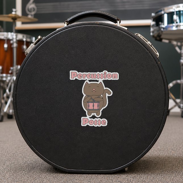 Percussion Posse - Cute Funny Drummer Cat Aufkleber (A die cut sticker with a snare drum playing cat and the text percussion posse.)