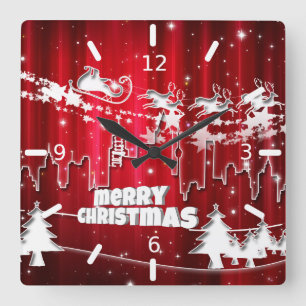 Père Noël au travail Carré Horloge murale
