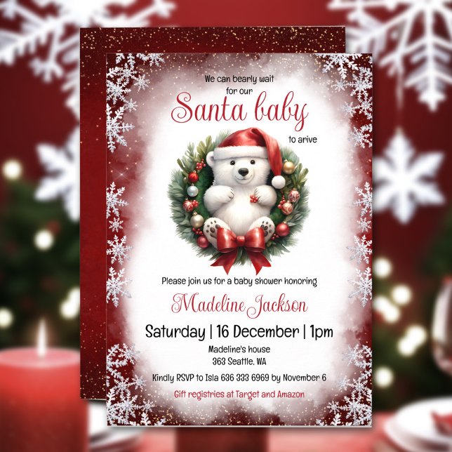 Père Noël Baby Bear Baby shower de Noël Invitation (Santa Baby Bear Christmas Baby Shower Invitation)