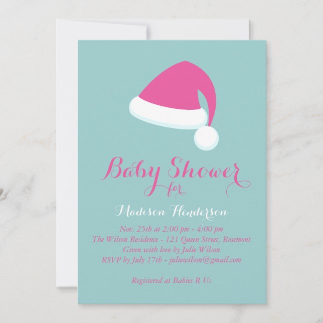 Père Noël Baby shower Invitation - rose & turquois (Devant)