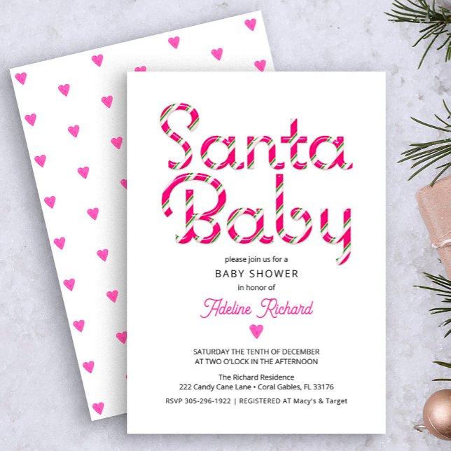 Père Noël bébé rose Baby shower de Noël Invitation (Pink candy cane Santa baby Christmas baby shower)