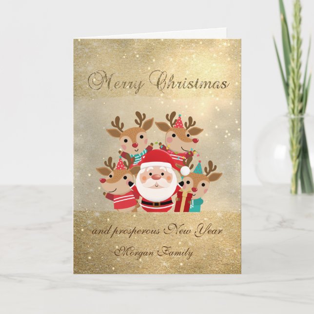 Père Noël, Cerf de Noël, Glitterie, Carte de vacan (Devant)