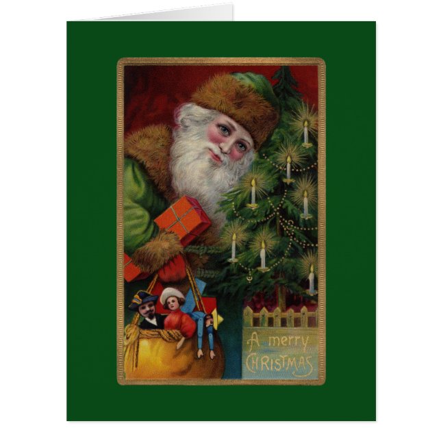 Père Noël dans la grande carte de voeux verte (Devant)