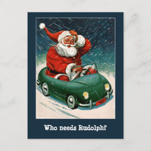 père Noël dans une carte de Noël voiture de sport