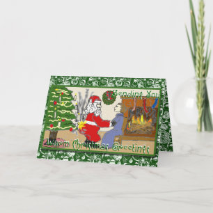 Père Noël drôle sur la carte de Noël du feu