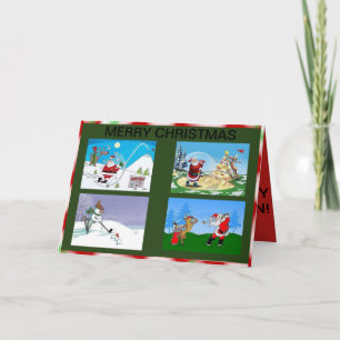 Père Noël et amis jouant au golf sur une carte de