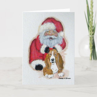 Père Noël et la carte de Noël Basset Hound