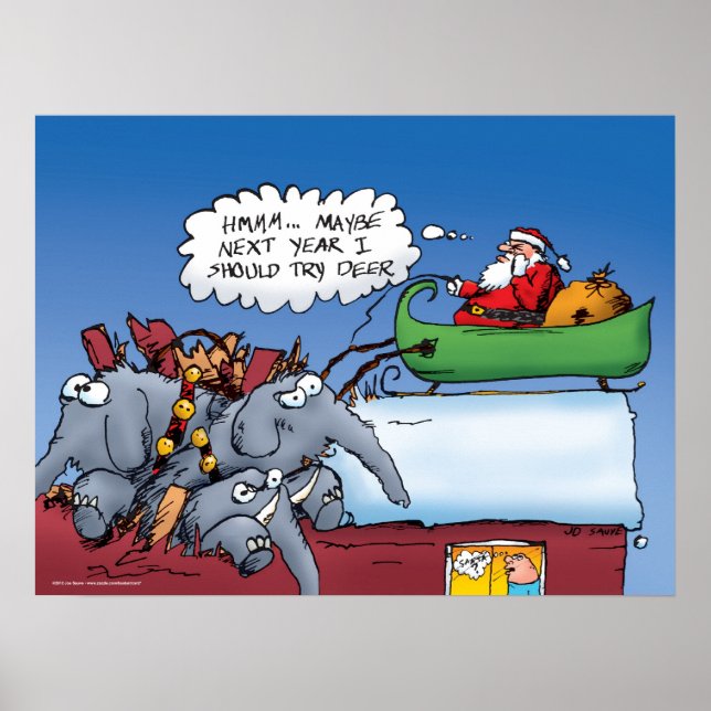 Père Noël et ses éléphants Drôle Cartoon Poster (Devant)