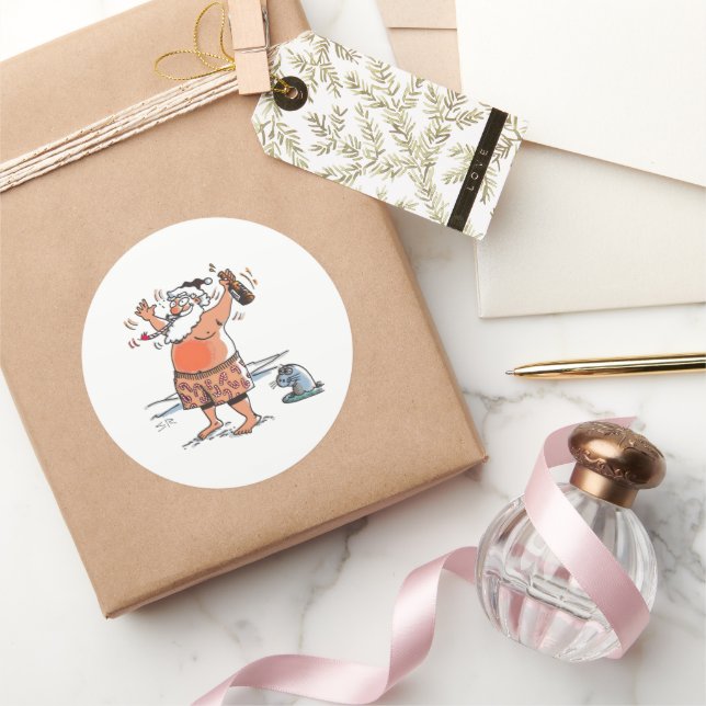 Père Noël ivre gros autocollants ronds (Cadeaux)