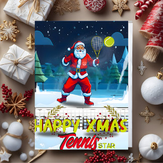 Père Noël jouant au tennis Carte de Noël vintage