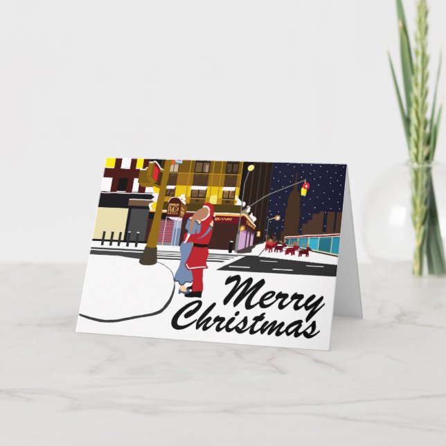 Père Noël Kiss sur Broadway Christmas Carte (Devant)