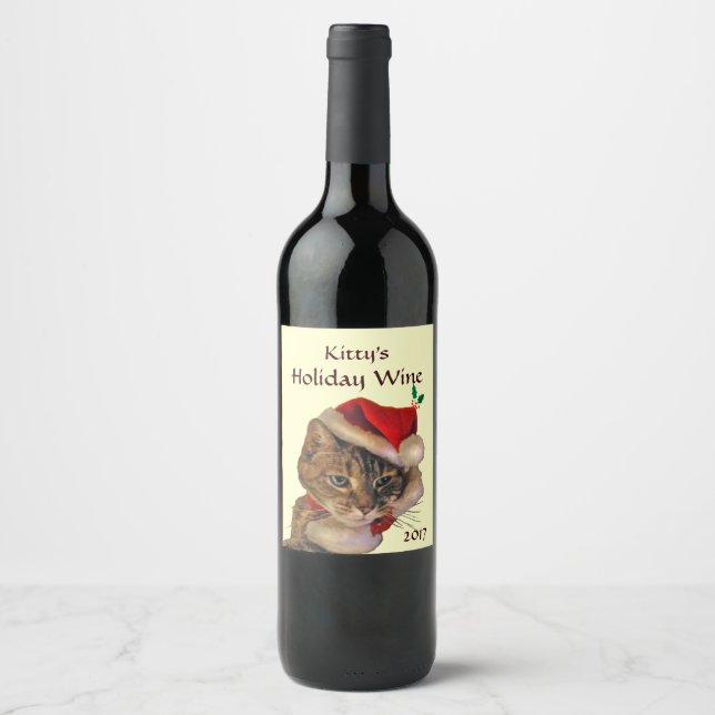 Père Noël Kitty Étiquette de vin de Noël (Devant)