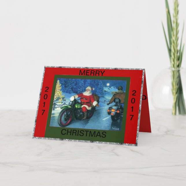 PÈRE NOËL MONTANT UNE CARTE DE NOËL DE MOTO (Devant)