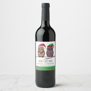 Père Noël Owl et Elf Owl Étiquette de vin
