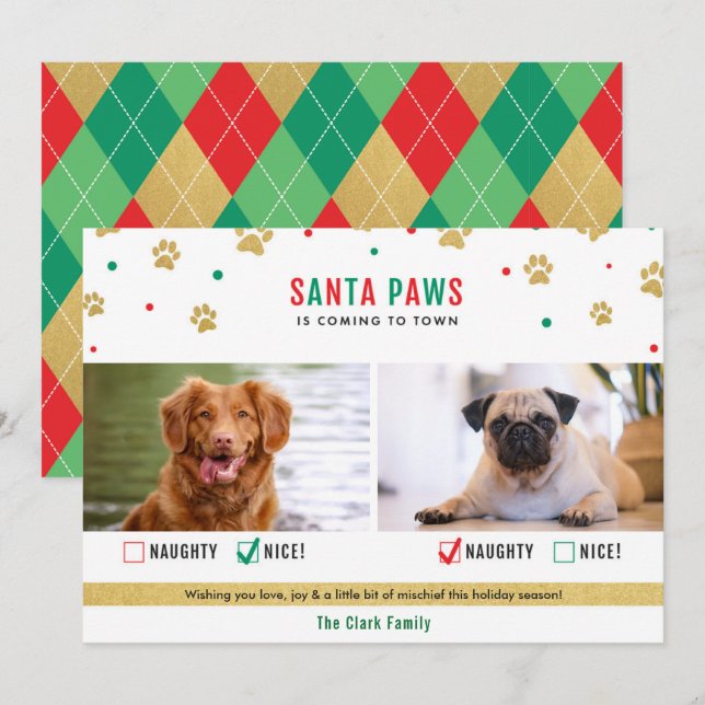 Père Noël Paws Naughty ou Nice Two Dog Carte photo (Devant / Derrière)