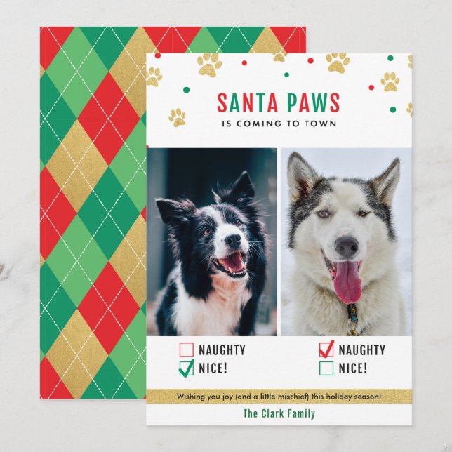Père Noël Paws Naughty ou Nice Two Dog Carte photo (Devant / Derrière)