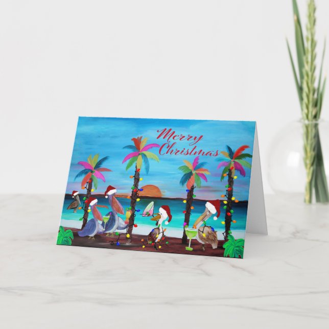Père Noël pélicans Cartes de Noël de vacances. (Devant)