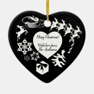 Père Noël Reindeer noir & blanc Ornement de coeur