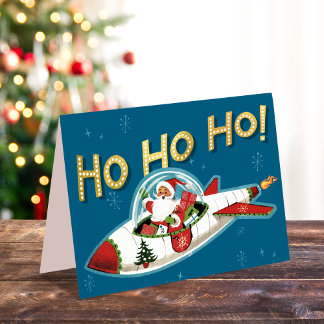 Père Noël Rétro dans une Fusée Ho Ho Ho Carte de N