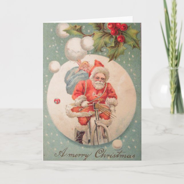 Père Noël sur la carte de voeux à vélo (Devant)