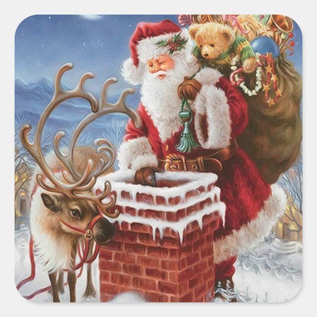 Père Noël sur le toit Autocollant carré (Devant)