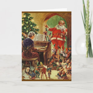 Père Noël vintage, elfes et carte de Noël de