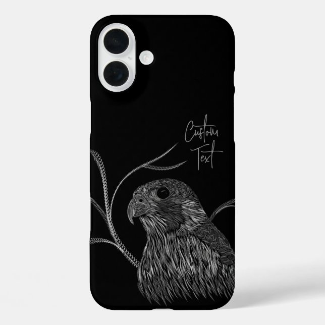 Peregrine Falcon in Baumzweigen mit Handschrift iPhone 16 Plus Hülle (Rückseite)