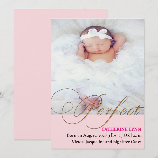 Perfect Baby Girl Birth Ankündigung (Vorne/Hinten)