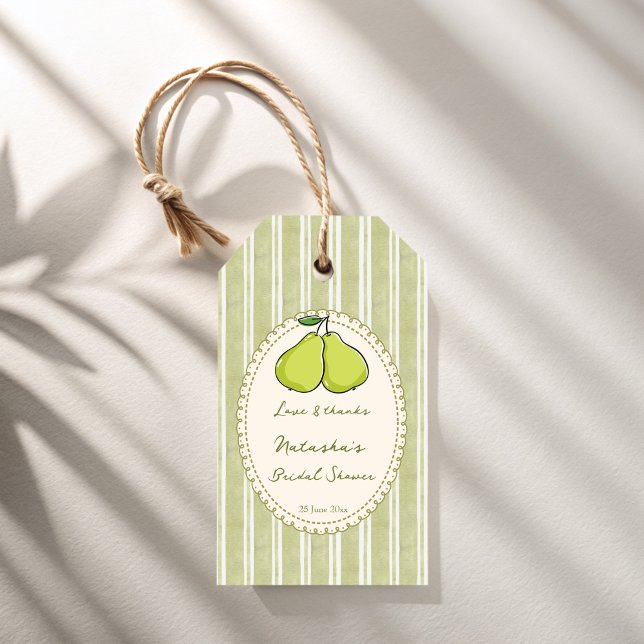 Perfect pair sage green pear bridal shower favor geschenkanhänger (Perfect pair sage green retro stripes pear bridal shower personalized  favor gift tags)