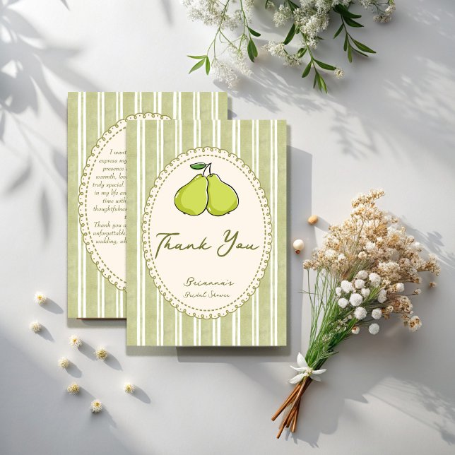 Perfect pair sage green stripe pear bridal shower dankeskarte (Perfect pair sage green stripes vintage retro pear bridal shower thank you cards)