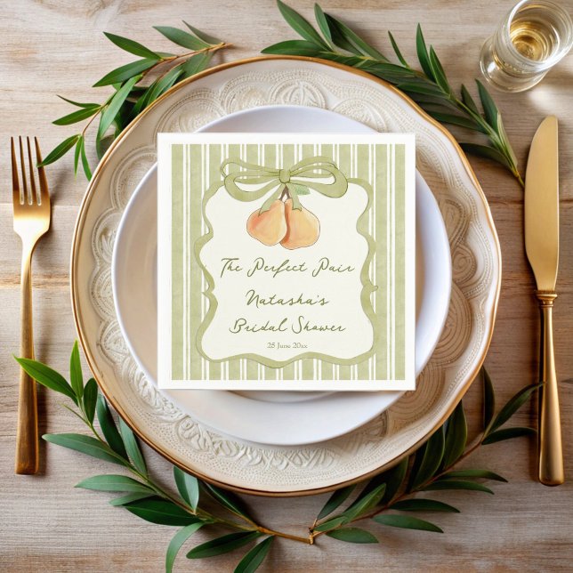 Perfect pair sage green stripe pear bridal shower serviette (Perfect pair sage green retro stripes pear bridal shower monogrammed napkins preppy wavy ribbon)