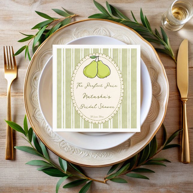 Perfect pair sage green stripe pear bridal shower serviette (Perfect pair sage green stripes pear bridal shower personalized napkins)