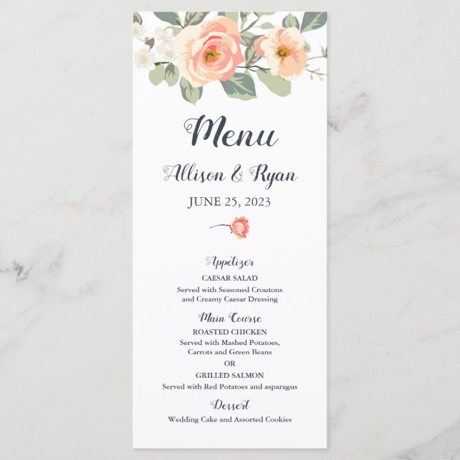 Perfect Peach Floral Wedding Menükarte (Vorderseite)