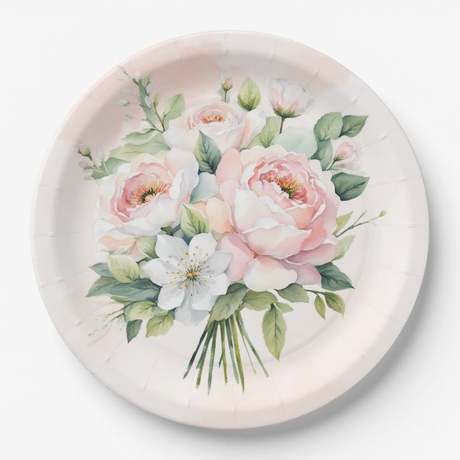 Perfekt rosa Wasserfarbenpeony Floral Wedding Pappteller (Vorderseite)
