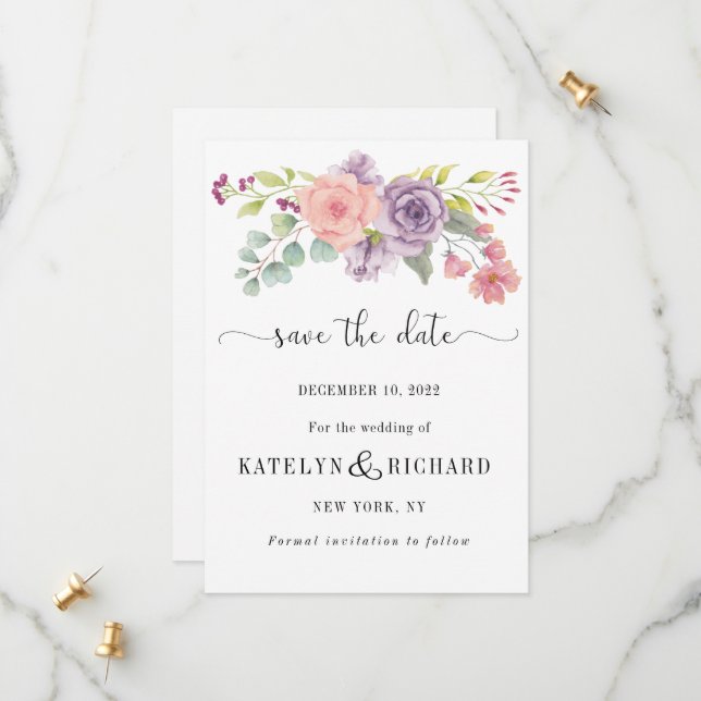 Perfekte Pastelltöne, stilvolle Blumenmuster Save  The Date (Vorderseite/Rückseite Beispiel)
