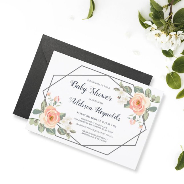 Perfekte Peach Floral Geometric Frame Baby Dusche Einladung (Von Creator hochgeladen)