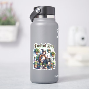 Perfekter Tag   Mädchen liest mit Katze und Pflanz Aufkleber