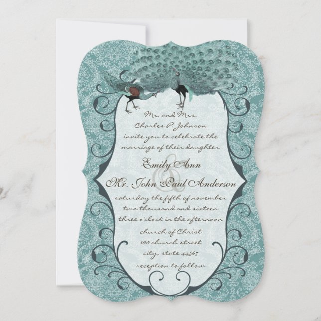 Perfektes Pair Sea Blue Damask Peacock Elegante Einladung (Vorderseite)
