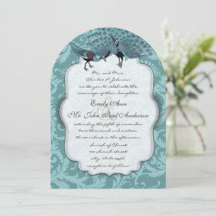 Perfektes Pair Sea Blue Damask Peacock Elegante Einladung