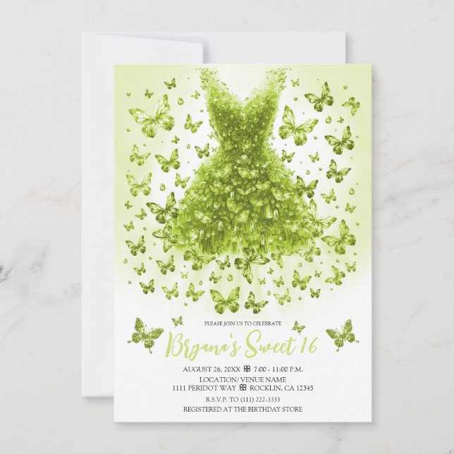 Peridot Crystal Butterfly Dress August Birthstone Einladung (Vorderseite)