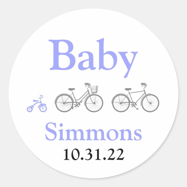 Periwinkle Bicycle Baby Shower Runder Aufkleber (Vorderseite)